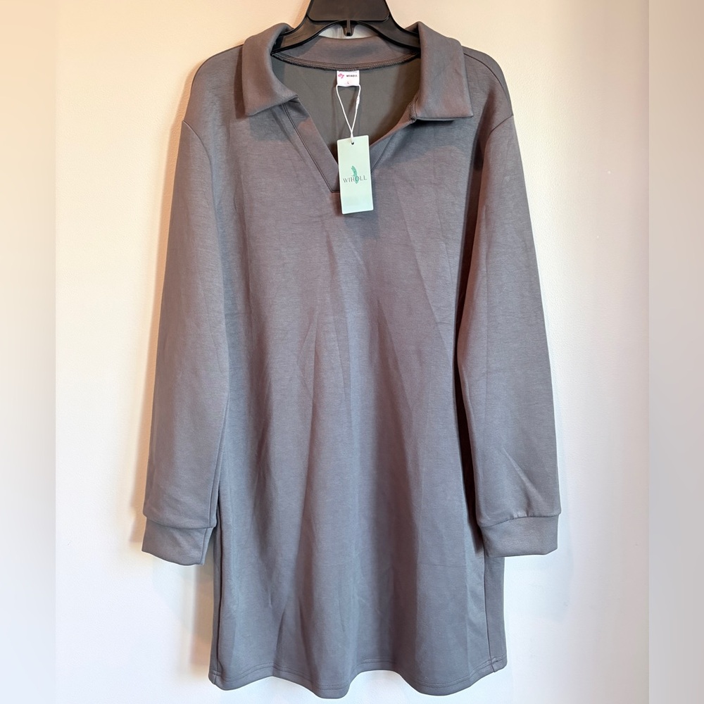 NWT WIHOLL  Grey Womens Long Sleeve Lapel Collared V Neck Sweatshirt‎ Size Large
